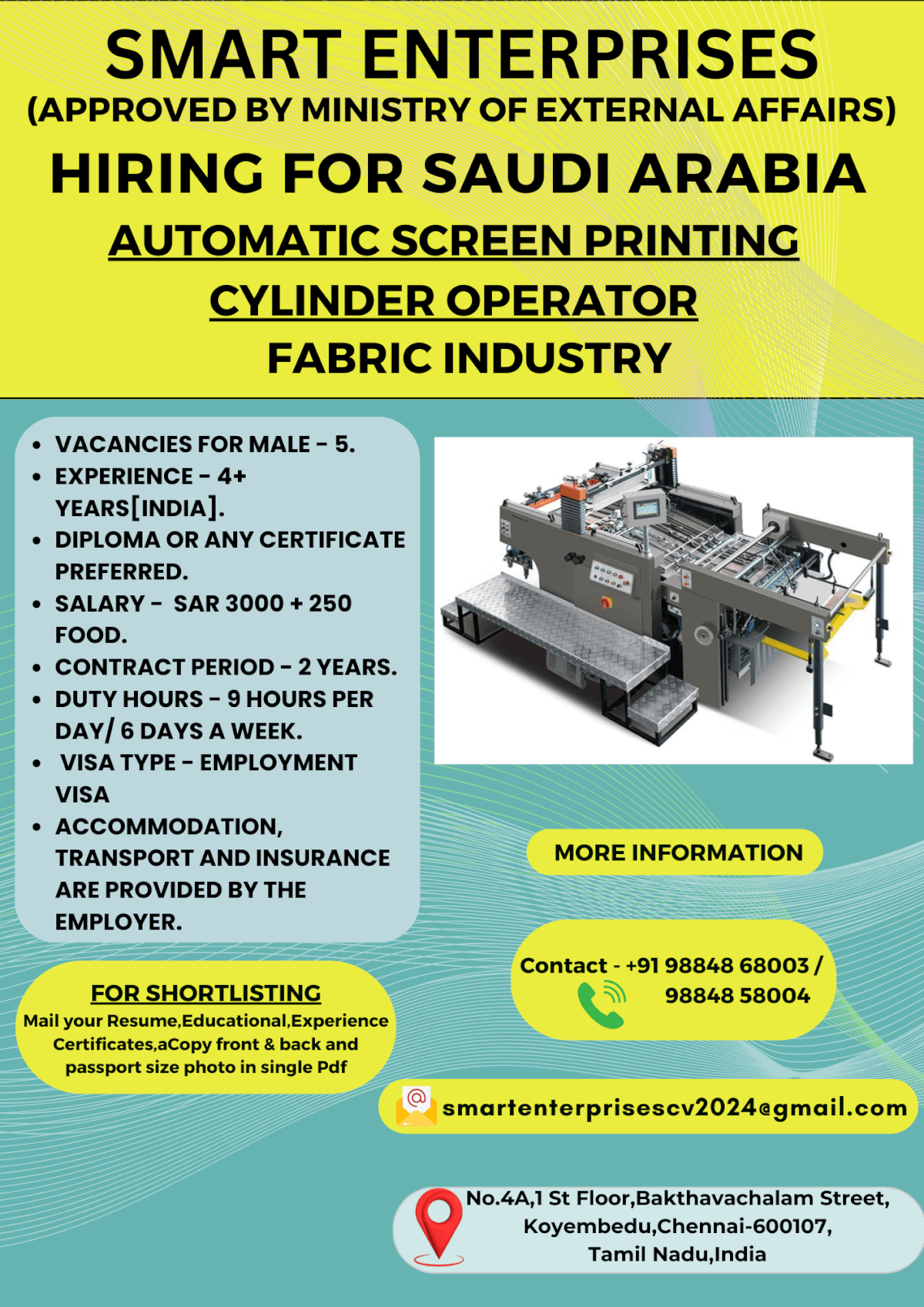 AUTOMATIC SCREEN PRINTING CYLINDER OPERATOR FABRIC INDUSTRY FOR SAUDI ARABIA