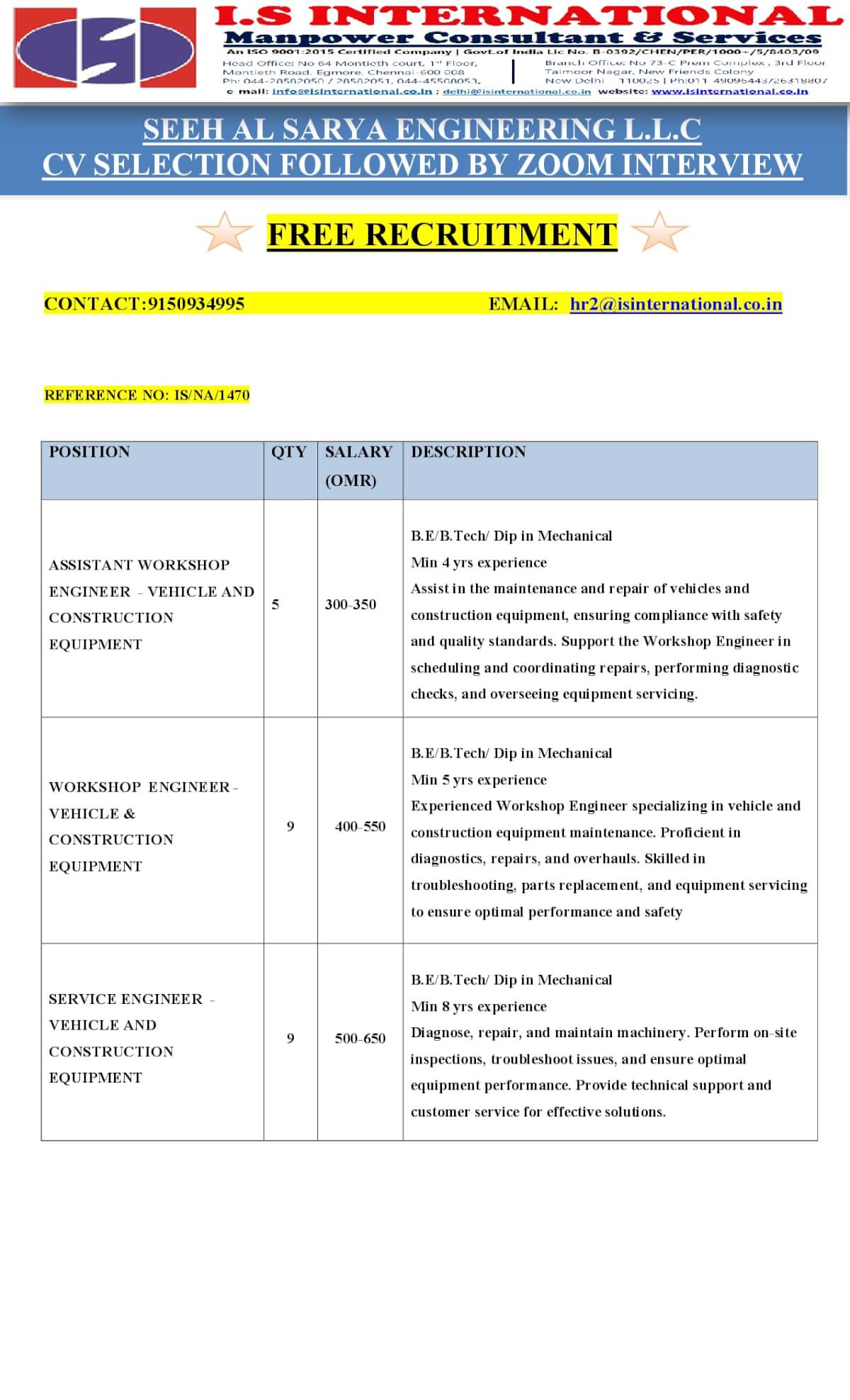 WORKSHOP ENGINEER FOR OMAN