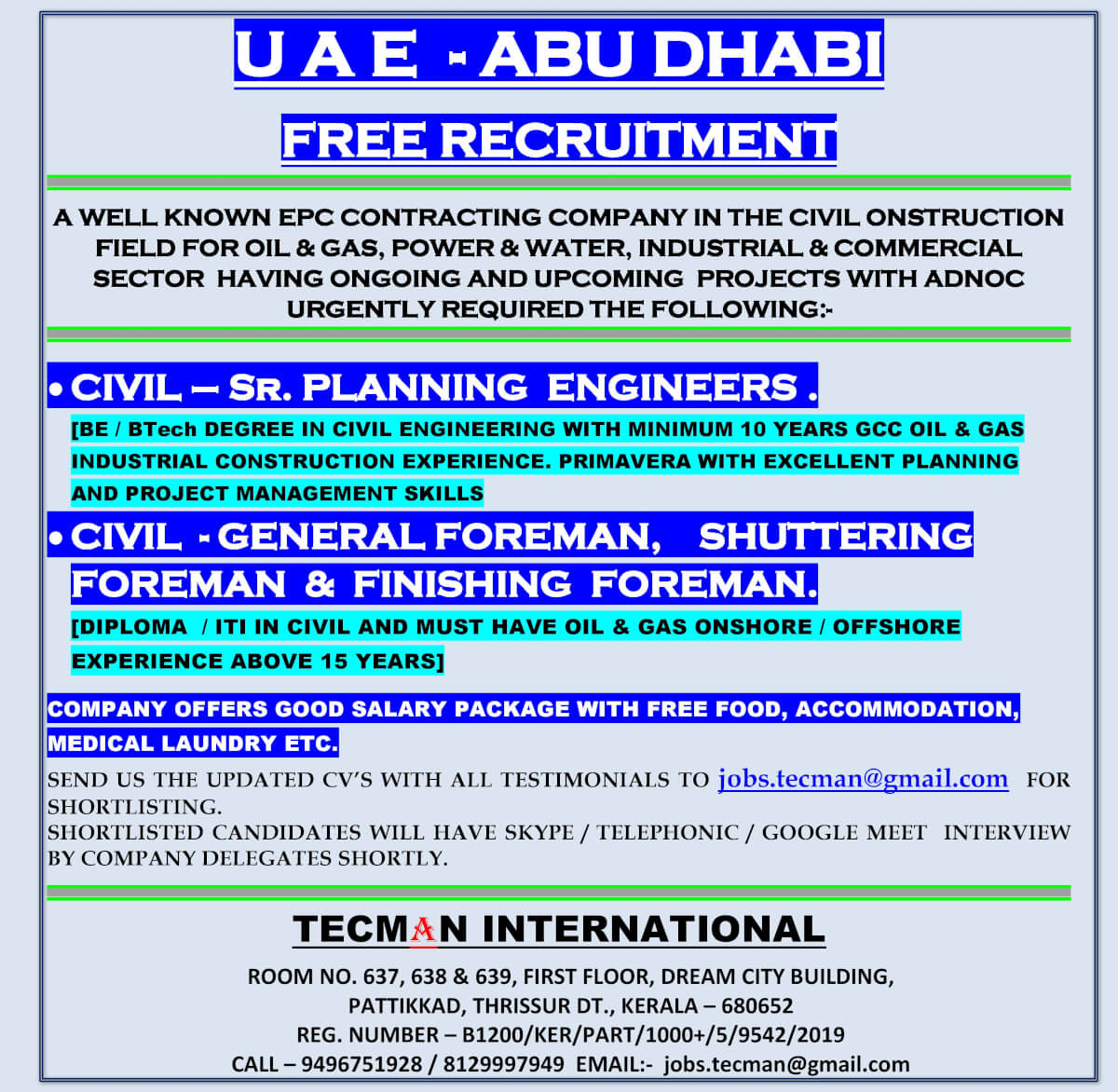 Sr. PLANNING  ENGINEERS and CIVIL  - GENERAL FOREMAN - Free Recruitment - Abu Dhabi