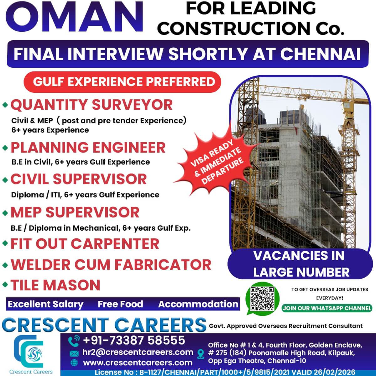 QUANTITY SURVEYOR / PLANNING ENGINEER / CIVIL SUPERVISOR / MEP SUPERVISOR / FIT OUT CARPENTER / WELDER CUM FABRICATOR / TILE MASON