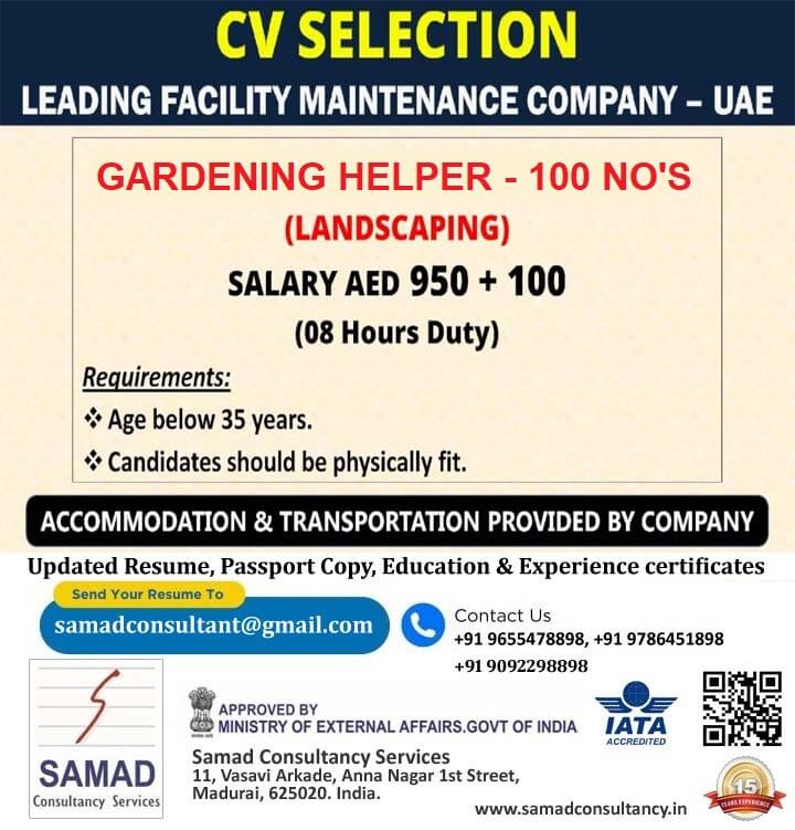 LEADING FACILITY MAINTENANCE COMPANY - DUBAI, GARDENING HELPERS (Landscaping) - 100 No's