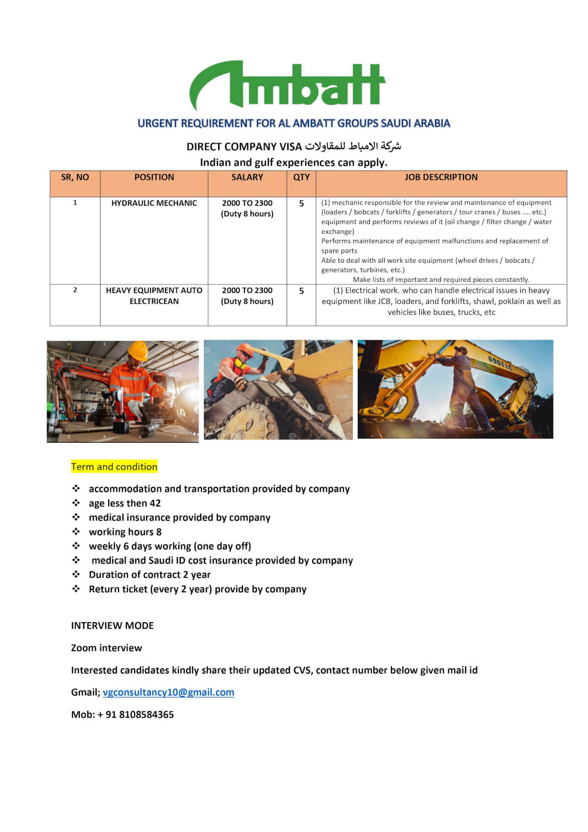 URGENT REQUIREMENT FOR HYDRAULIC MECHANIC  AL AMBATT GROUP SAUDI RABIA