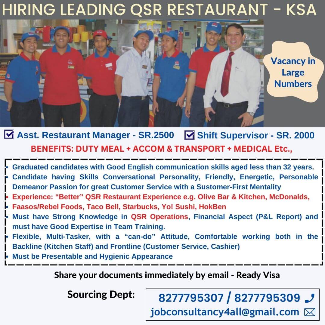 HIRING FOR LEADING QSR RESTAURANT in KSA