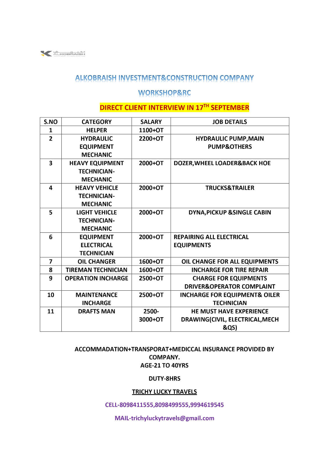 Direct Client ALKOBARISH INVESTMENT & CONSTRUCTION COMPANY Walkin Interview @ Trichy on 17 September 2024 (Tuesday)