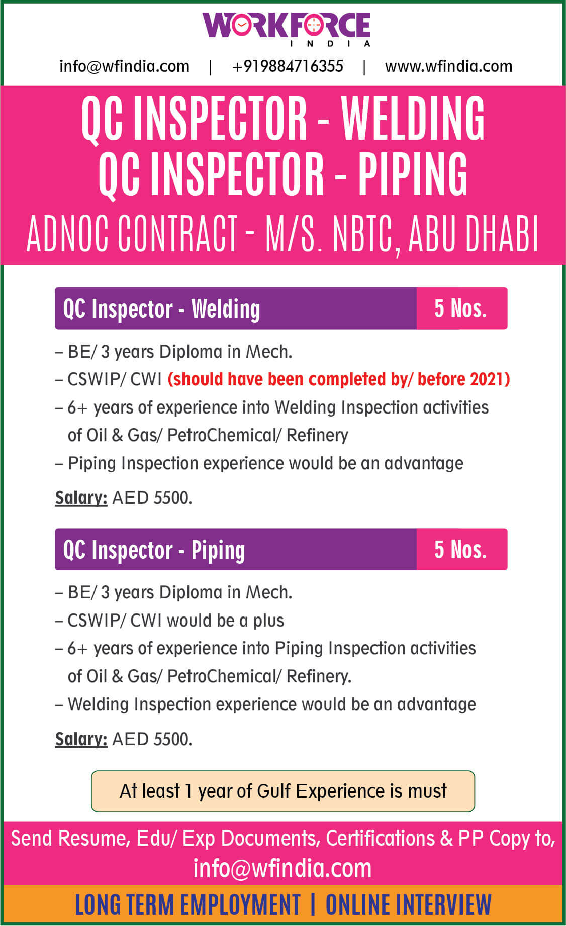 QC Inspector - Welding & QC Inspector - Piping : ADNOC Contract - NBTC, Abu Dhabi