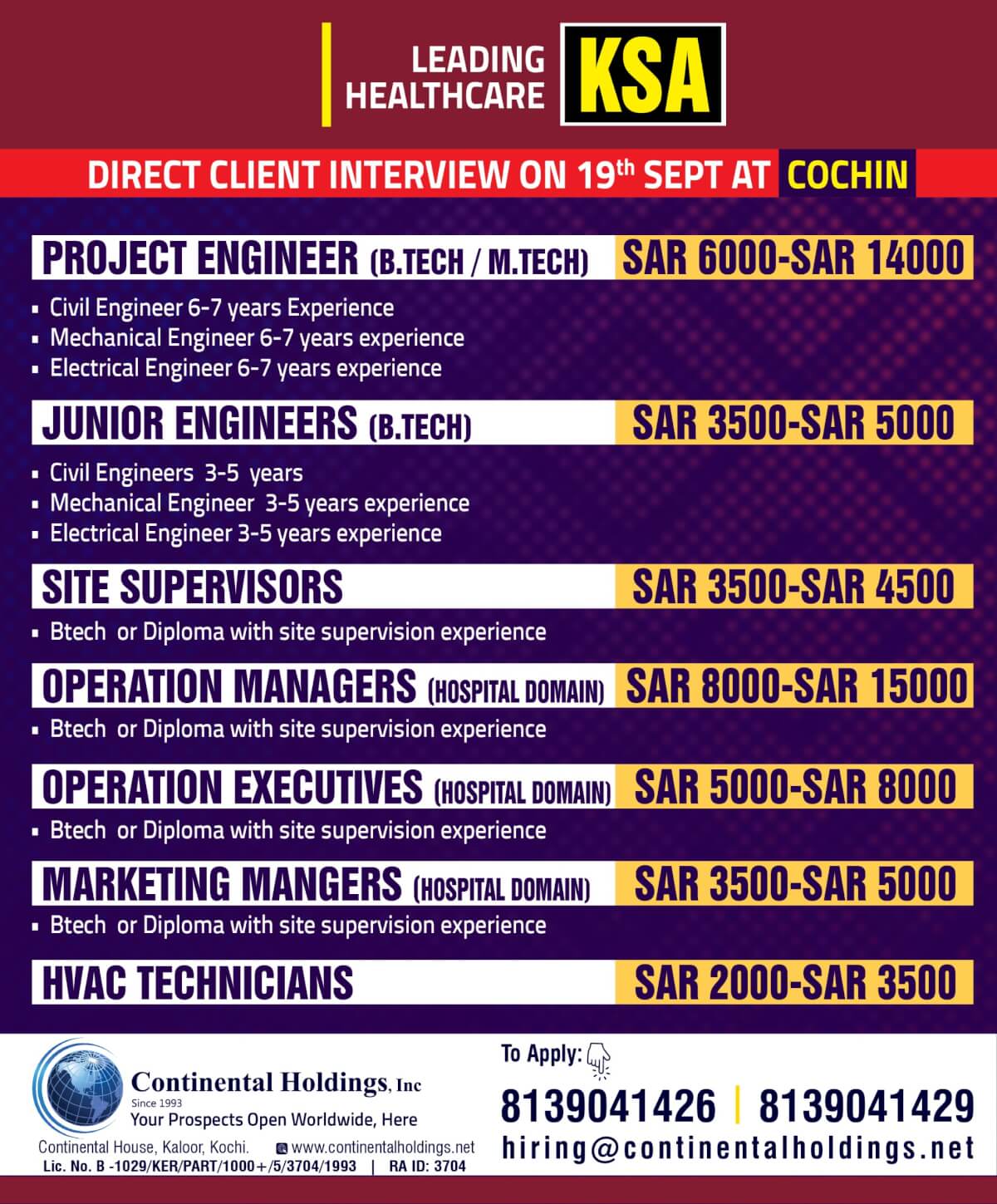 HIRING FOR KSA - DIRECT CLIENT INTERVIEW ON 19TH SEPT AT COCHIN