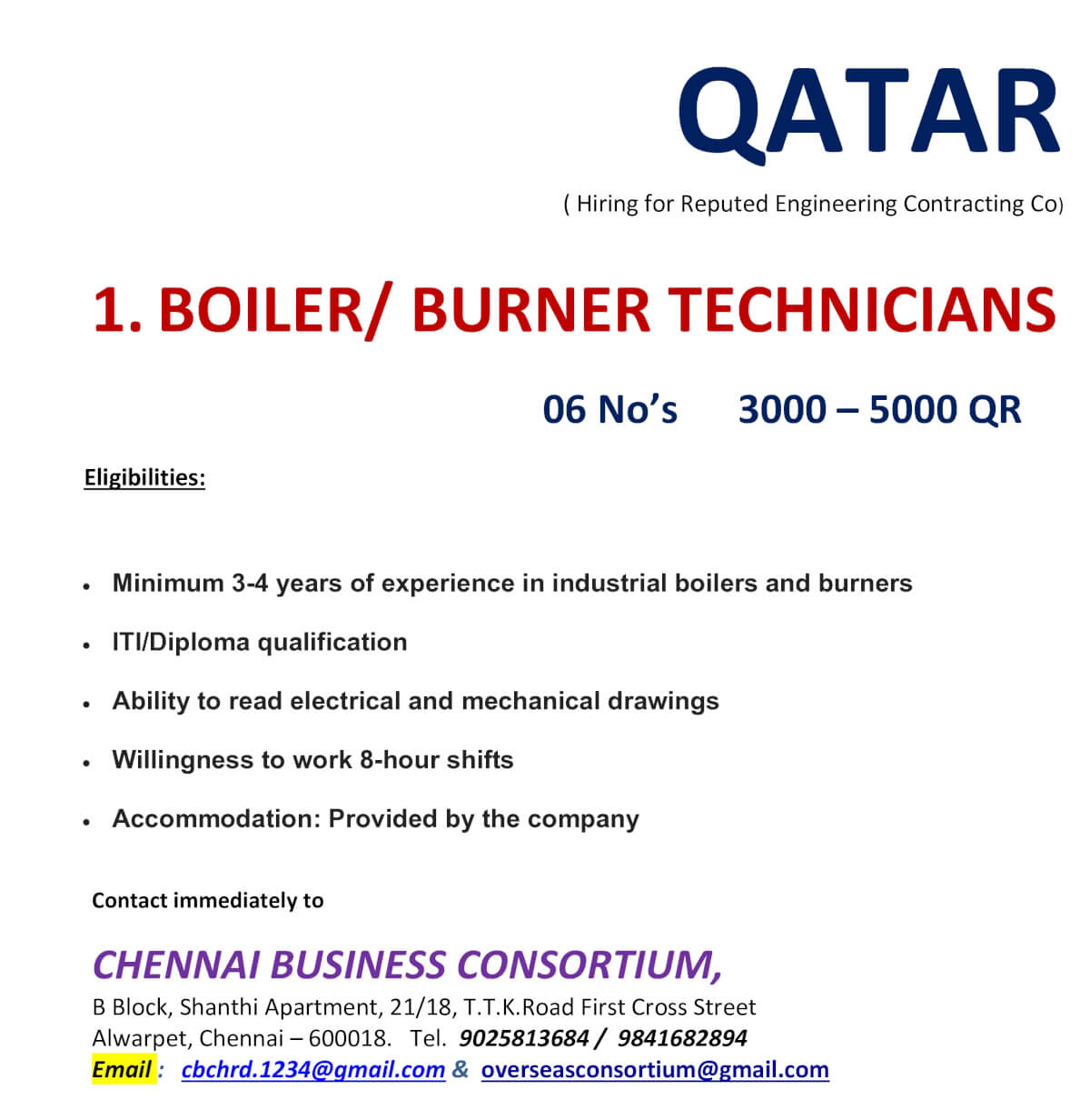 BOILER / BURNER TECHNICIANS ( INDUSTRIAL )