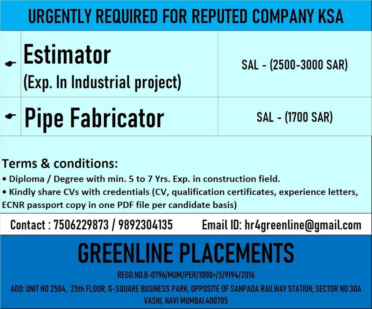 URGENTLY REQUIRED FOR AL YAMAMA CO.KSA