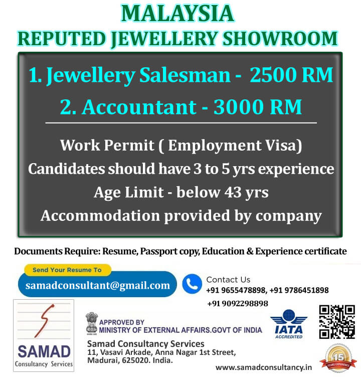 MALAYSIA - WORK PERMIT,   REPUTED JWELLERY SHOWROOM