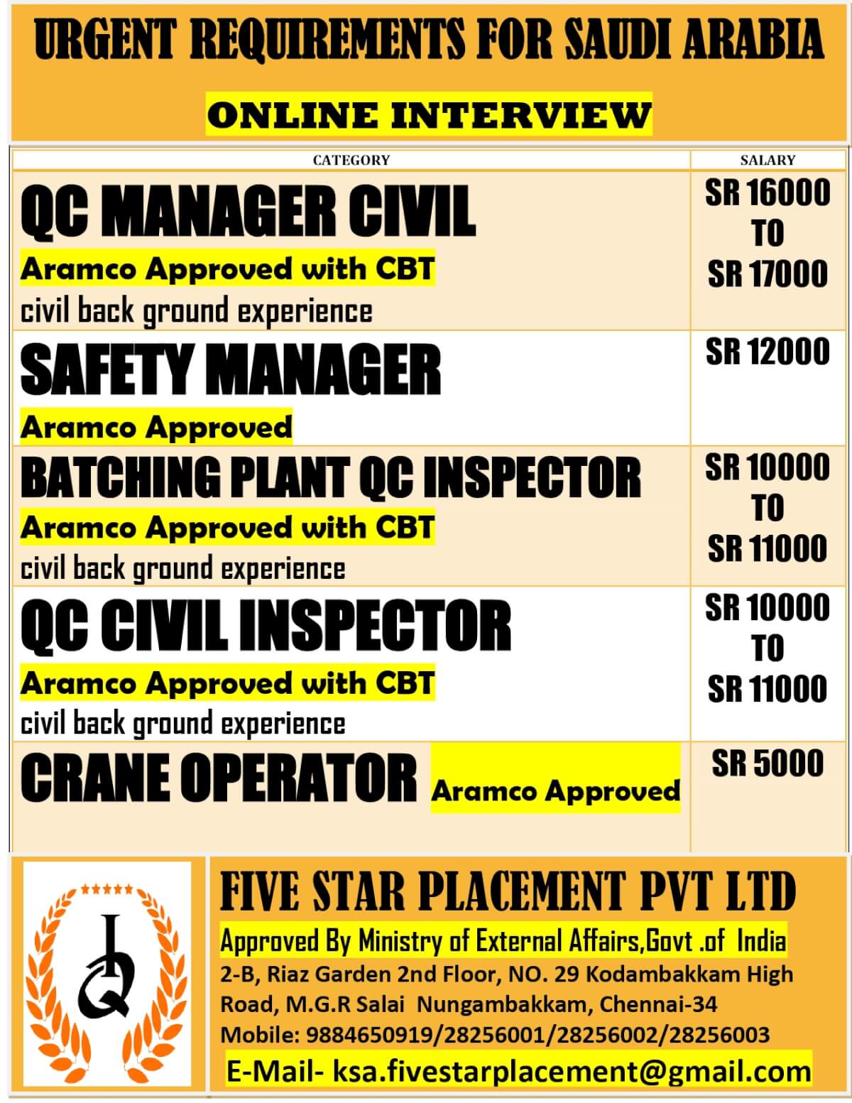 URGENT REQUIREMENTS FOR SAUDI ARABIA