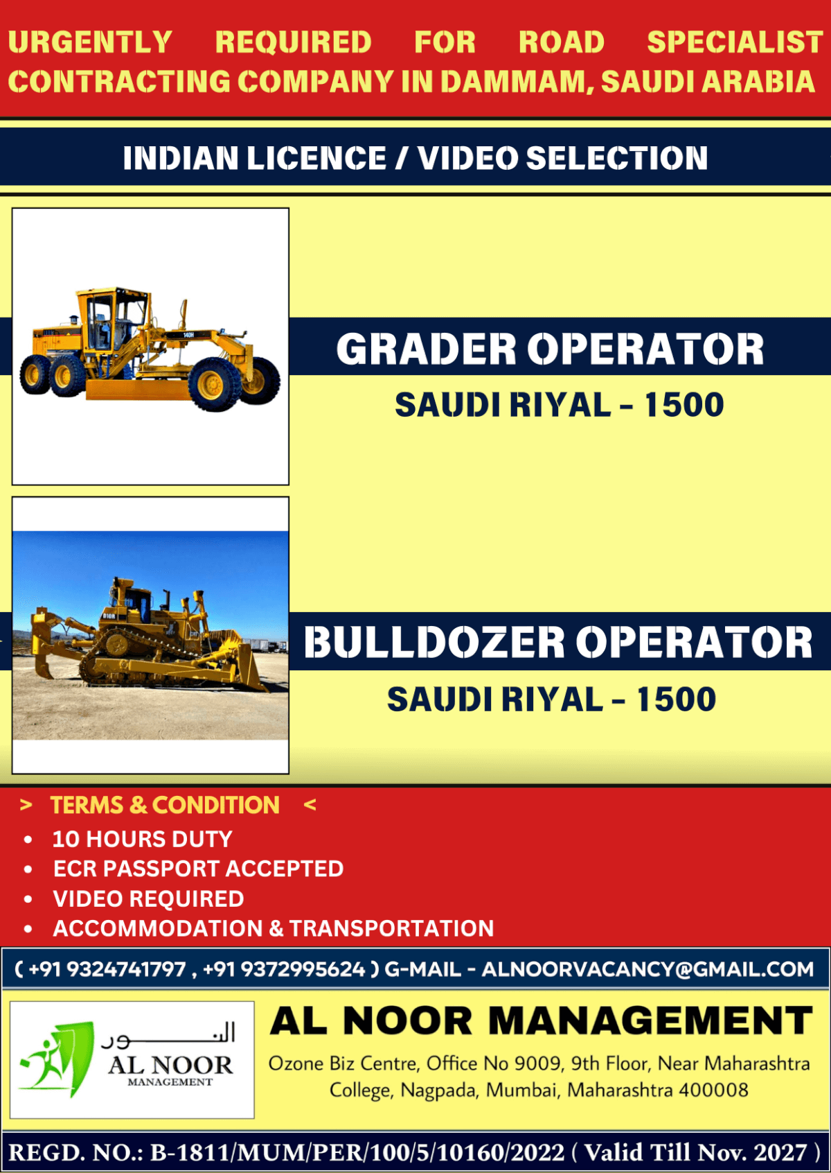 URGENTLY REQUIRED FOR ROAD SPECIALIST CONTRACTING COMPANY IN SAUDI ARABIA