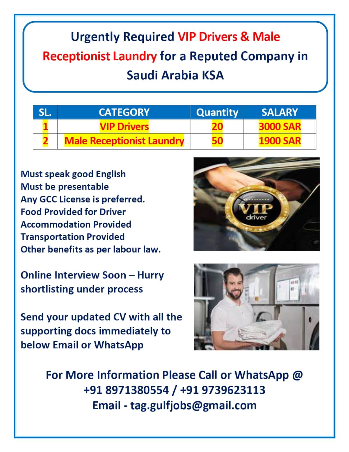 Urgently Required VIP Drivers & Male Receptionist Laundry for a Reputed Company in Saudi Arabia KSA