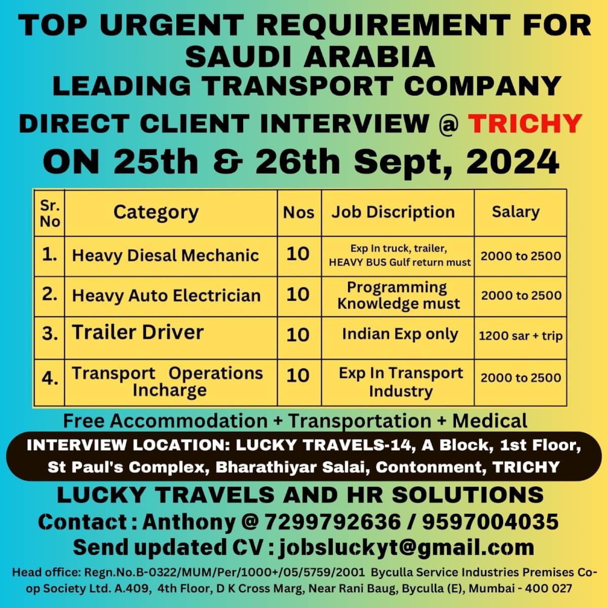 Direct Client Walk In Interview on 25th & 26 September 2024 @ TRICHY OFFICE LUCKY TRAVELS CONTACT ON 7299792636