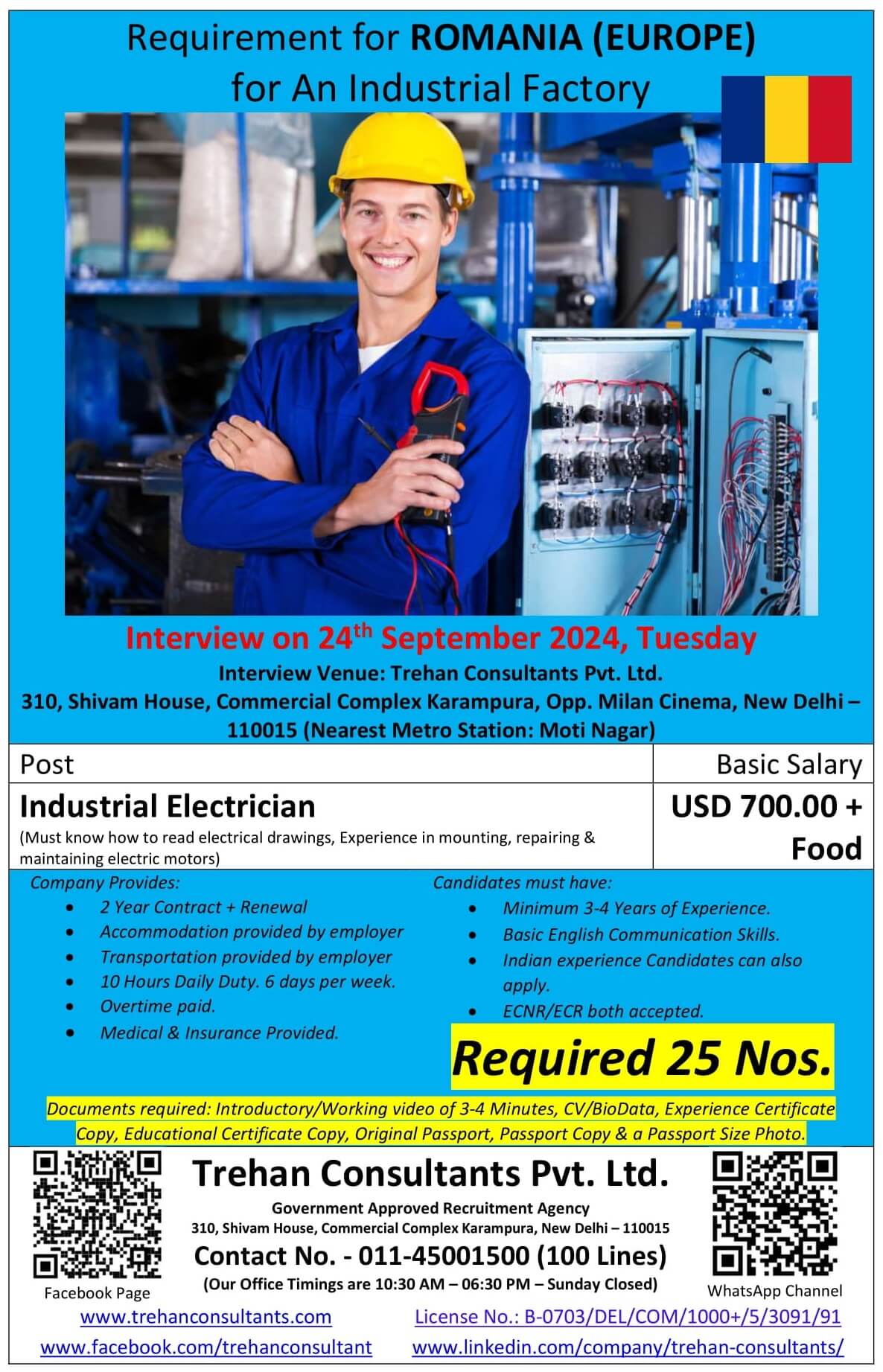 Requirement for ROMANIA (EUROPE) for An Industrial Factory - Interview Date 24th September 2024, Tuesday