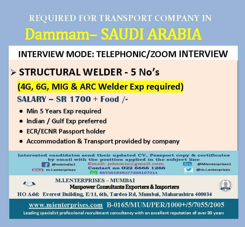 REQUIRED FOR TRANSPORT COMPANY IN DAMMAM SAUDI ARABIA