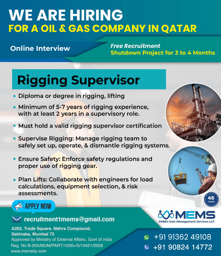 We Are Hiring a rigging Supervisor for an Oil & Gas Company in Qatar! 🚨