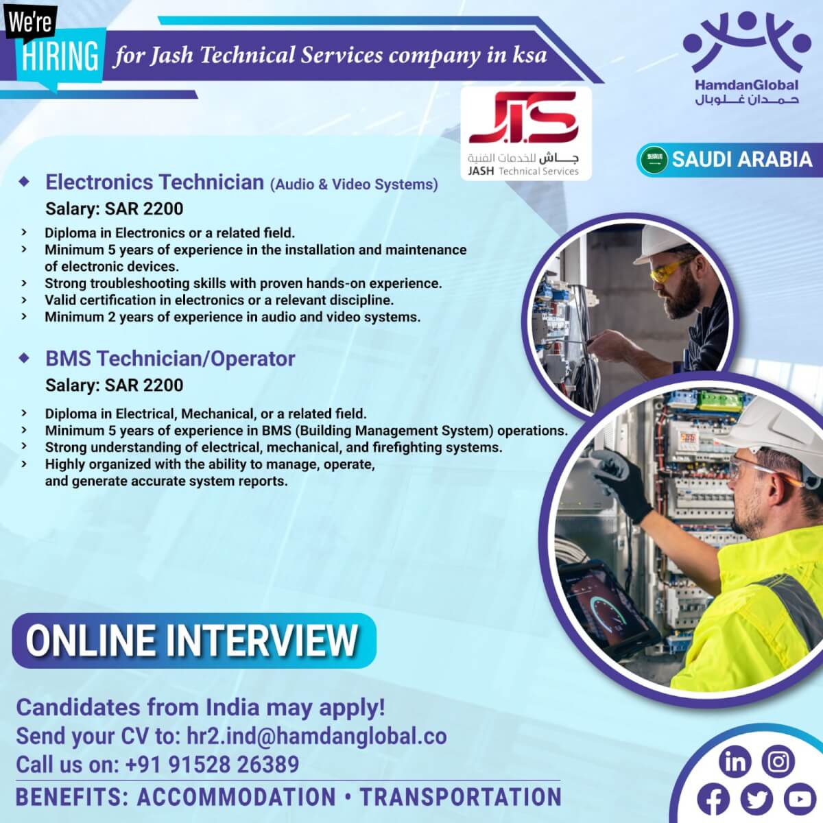 Hiring for Jash Technical Services company in KSA