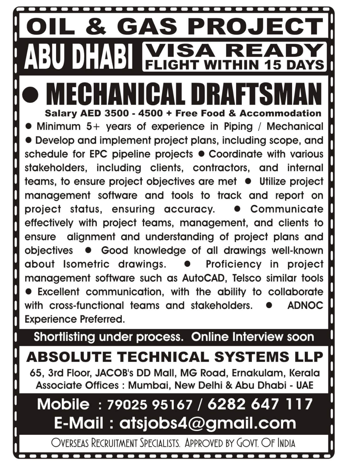 Mechanical Draftsman for Abu Dhabi