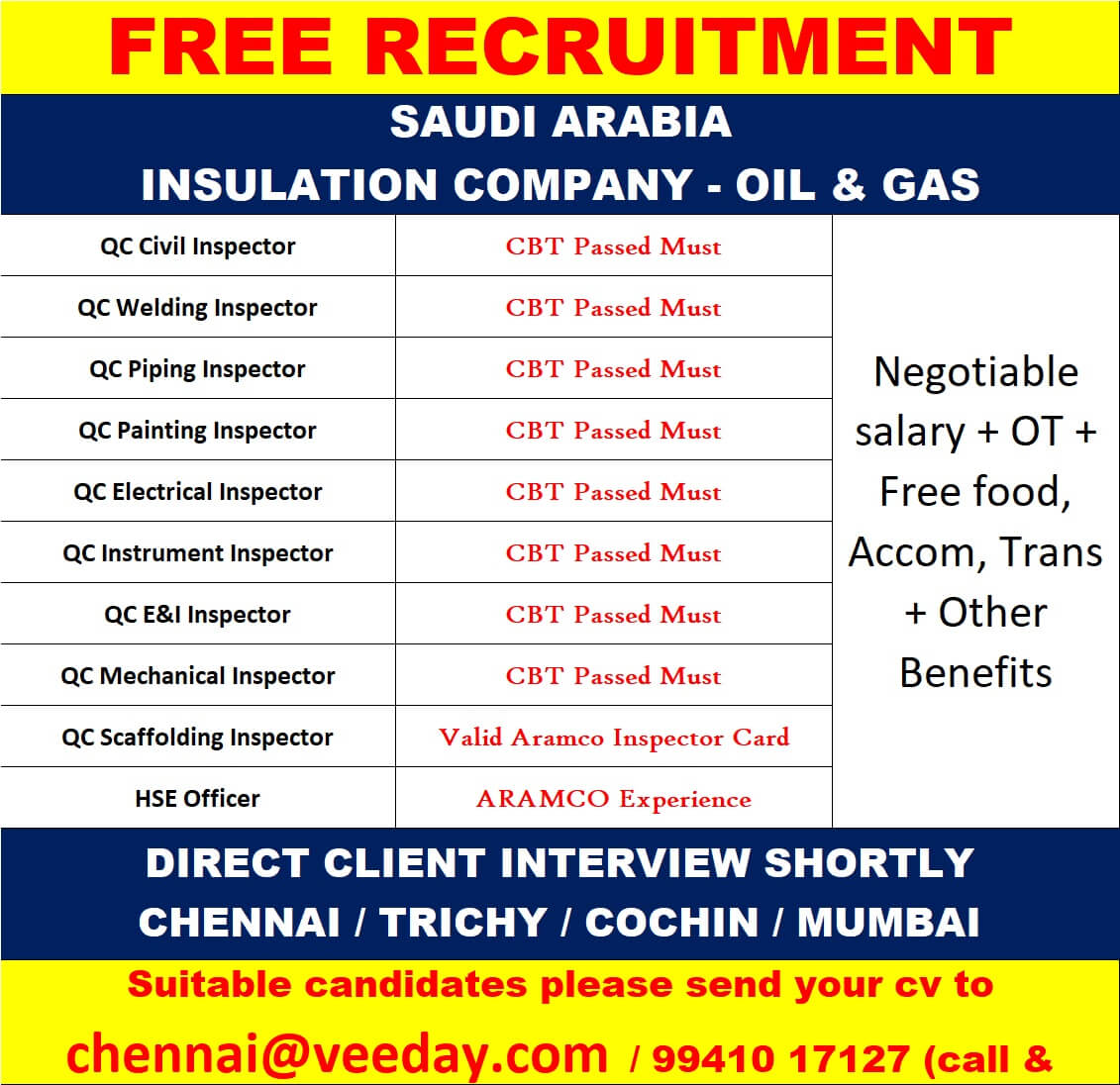 QC Inspector Piping /  QC Inspector Welding / QC Inspector Painting / QC Inspector Civil / QC Inspector Electrical / QC Inspector Instrument / QC Inspector E & I / QC Inspector Mechanical / QC Inspector Scaffolding / HSE Officer