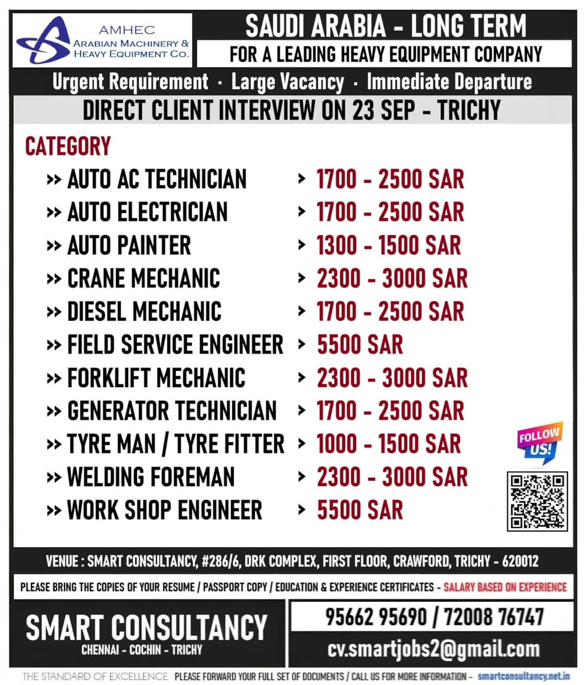 WANTED FOR A LEADING HEAVY EQUIPMENT COMPANY - SAUDI ARABIA / DIRECT CLIENT INTERVIEW ON 23 SEP - TRICHY