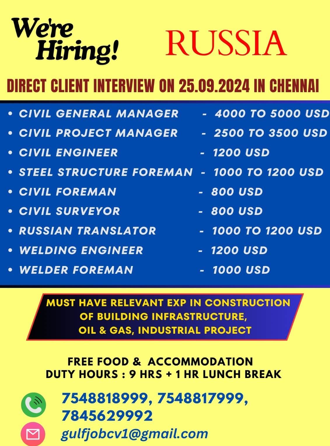 Urgently required for a leading co in russia