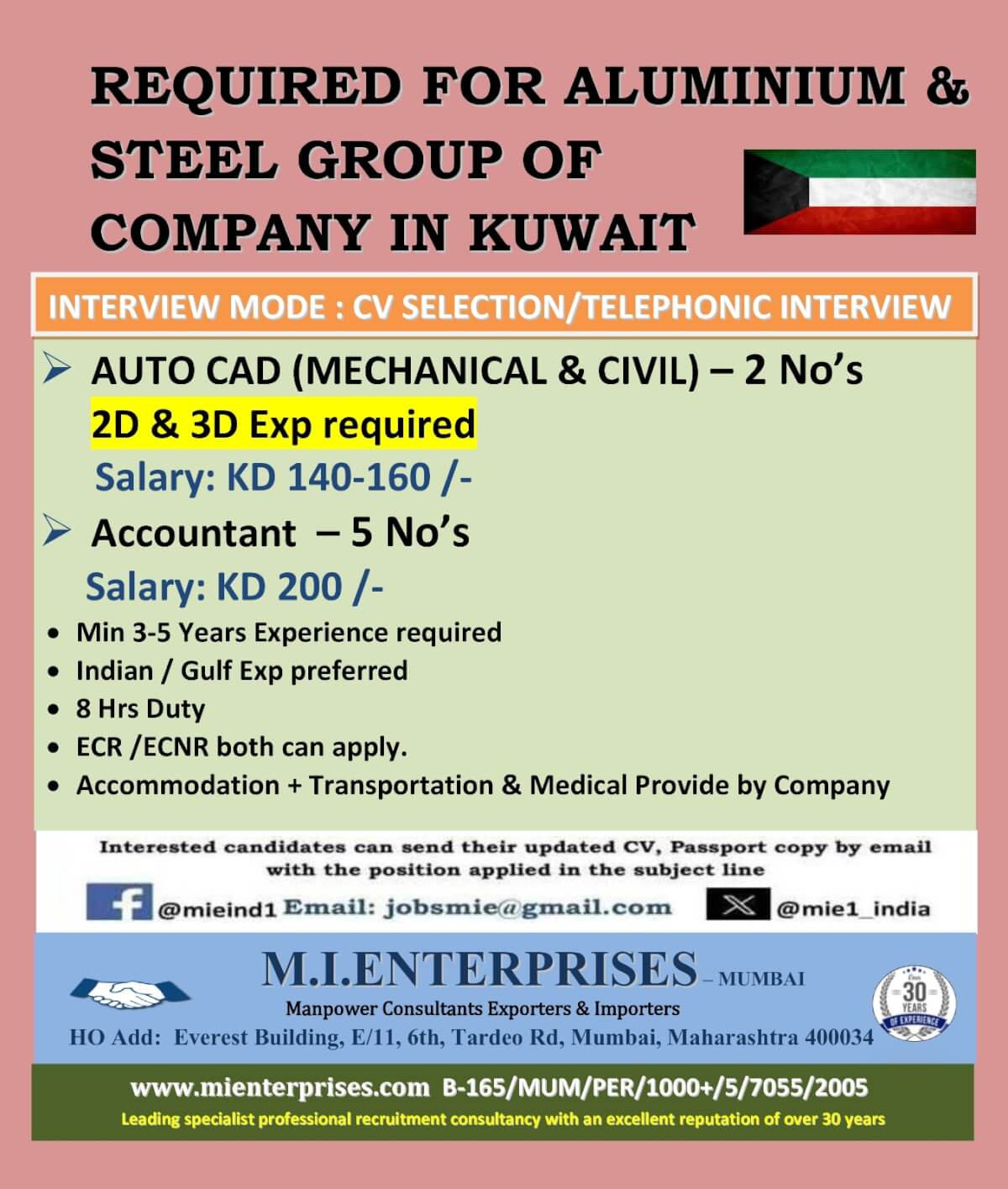 REQUIRED FOR ALUMINIUM & STEEL GROUP OF COMPANY IN KUWAIT