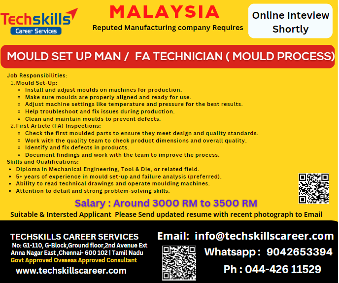 MALAYSIA REQIRES - MOULD SETUP MAN /  FA TECHNICIAN