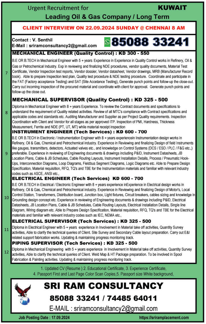 Urgent Recruitment For KUWAIT leading oil & gas Company, Long term Project, ., Apply: sriramconsultancy2@gmail.com