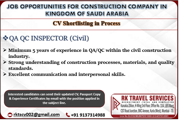 JOB OPPORTUNITIES FOR CONSTRUCTION COMPANY IN KINGDOM OF SAUDI ARABIA