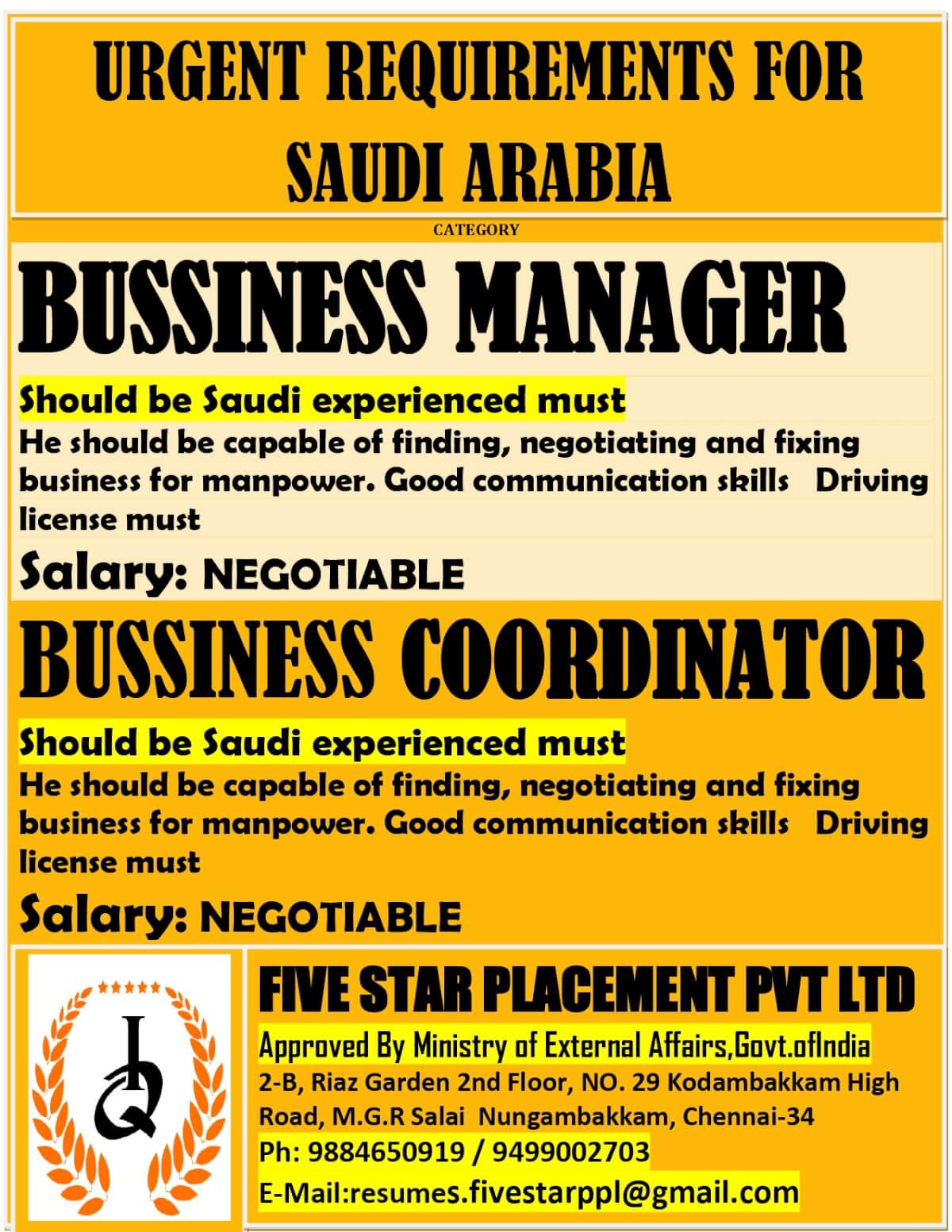 URGENT REQUIREMENTS FOR SAUDI ARABIA