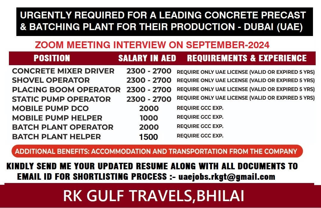 HIRING FOR A LEADING CONCRETE PRECAST COMPANY– UAE