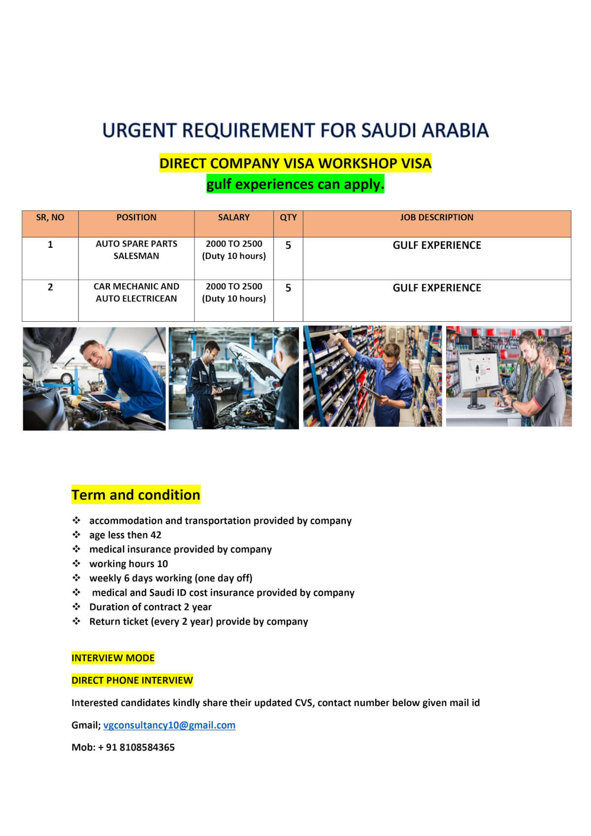 urgent requirement for car mechanic and auto parts salesman