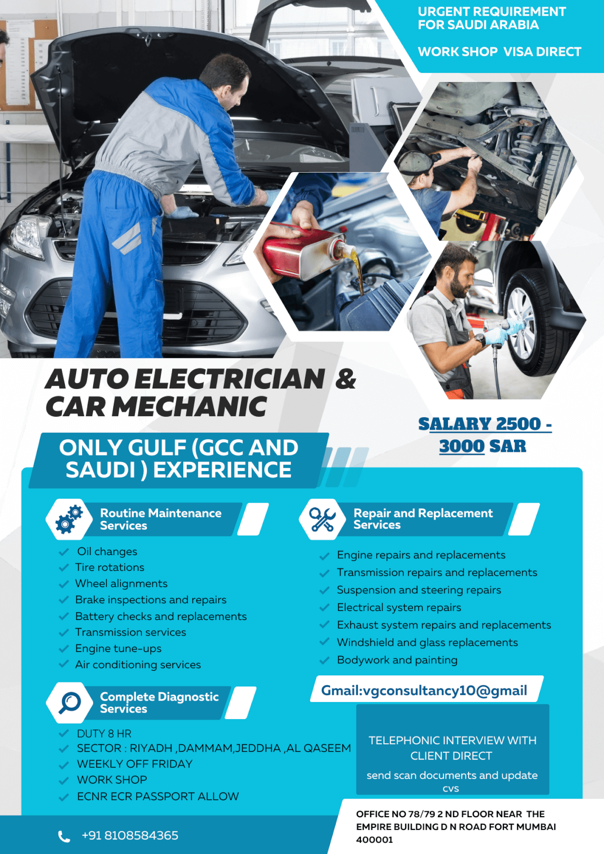 urgent requirement car mechanic and auto electrician for Saudi Arabia