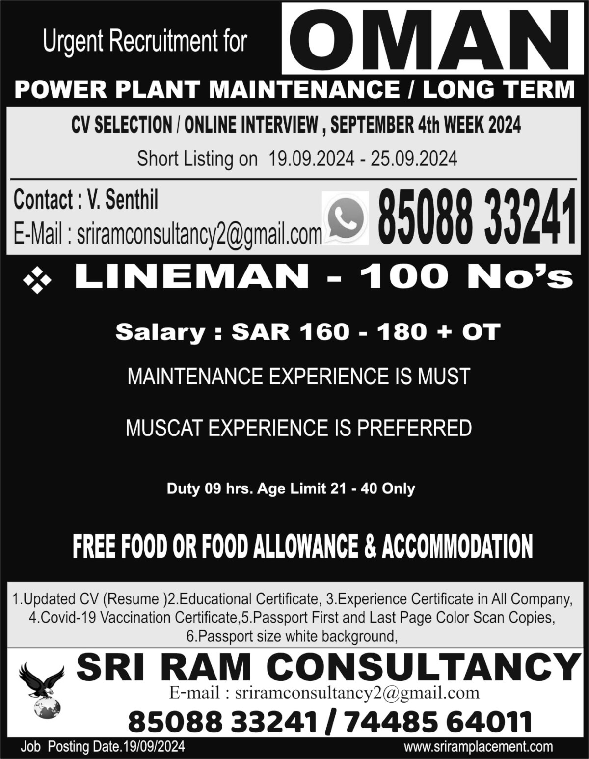 Urgent  Requirement For OMAN Power Plant maintenance,  Long Term  Project. Apply: sriramconsultancy2@gmail.com