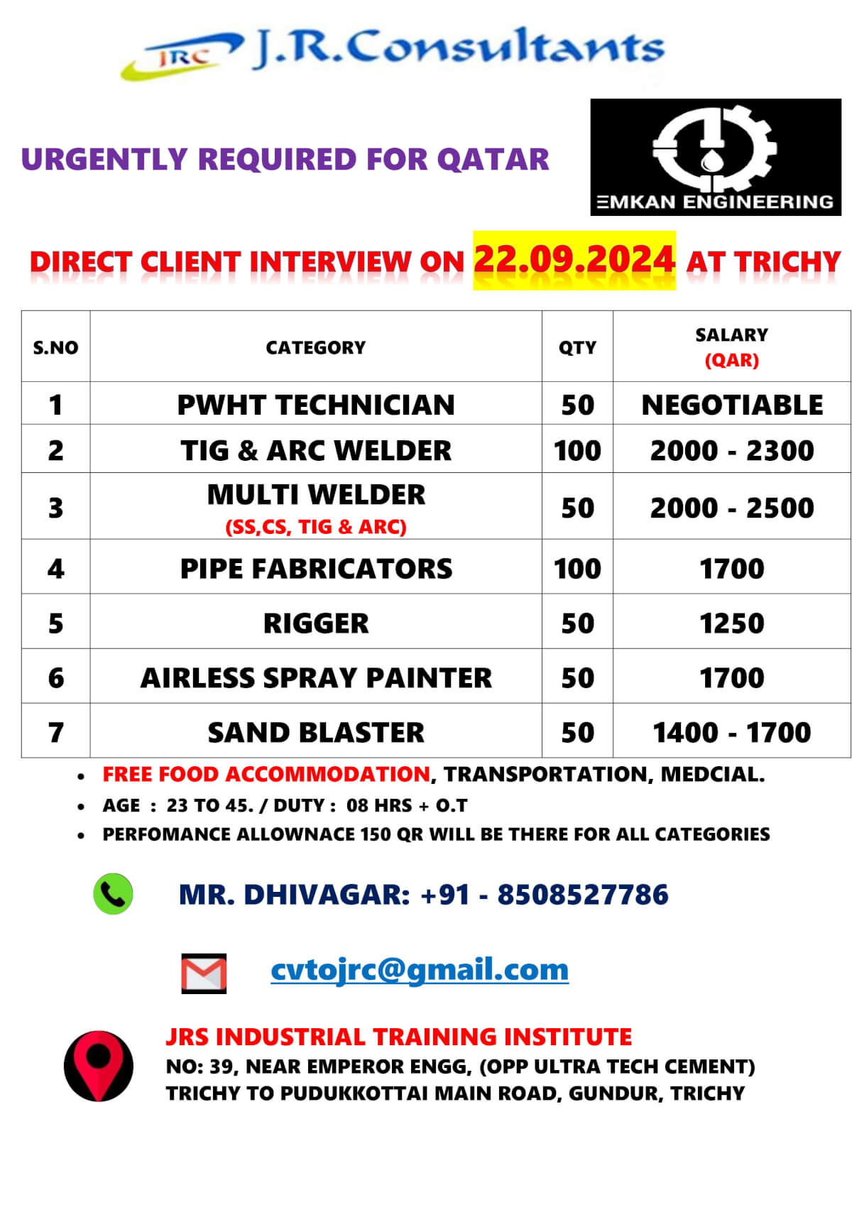 URGENTLY REQUIRED FOR QATAR