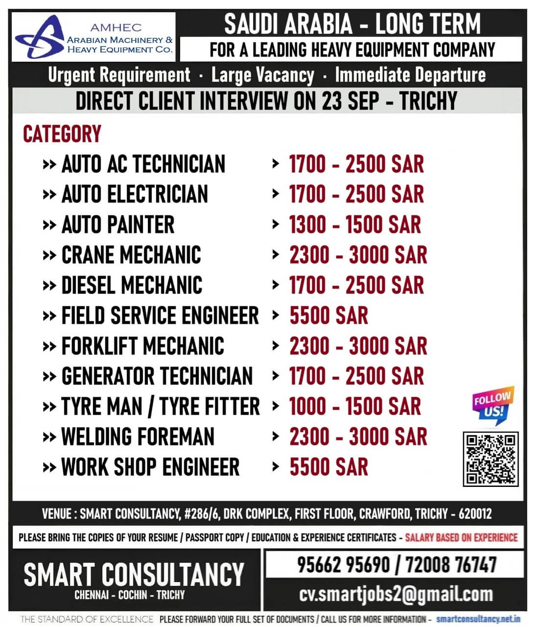 WANTED FOR A LEADING HEAVY EQUIPMENT COMPANY - SAUDI ARABIA / DIRECT CLIENT INTERVIEW ON 23 SEP - TRICHY