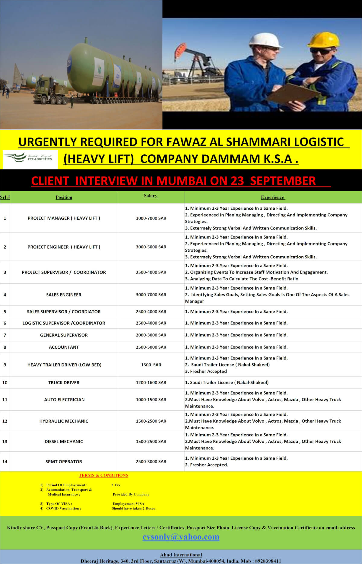 URGENTLY REQUIRED FOR FAWAZ AL SHAMMARI LOGISTIC COMPANY DAMMAM K.S.A.