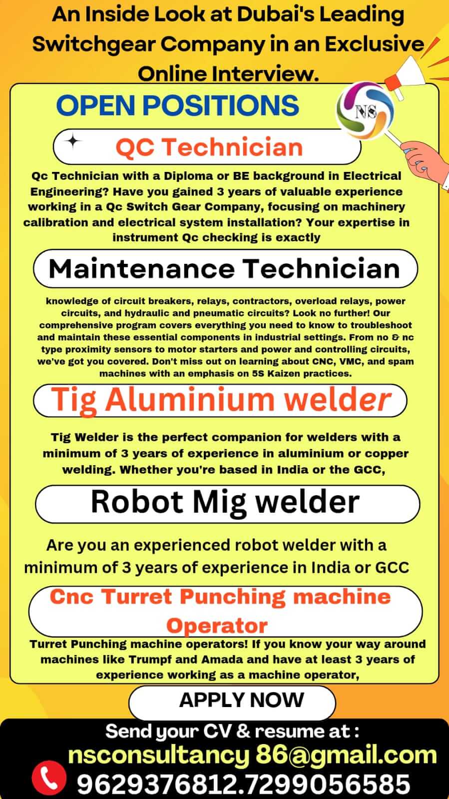 Career Opportunities in Switchgear Maintenance, CNC Punching, Welding, and Quality Control in Dubai