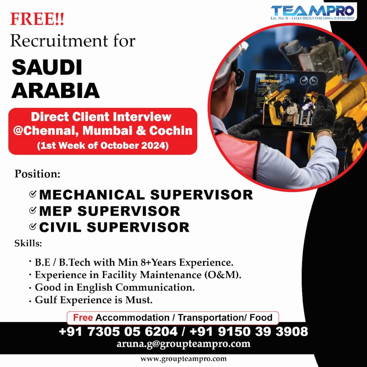 Free Recruitment for Saudi Arabia, Direct Client Interview @ Chennai , Cochin & Mumbai