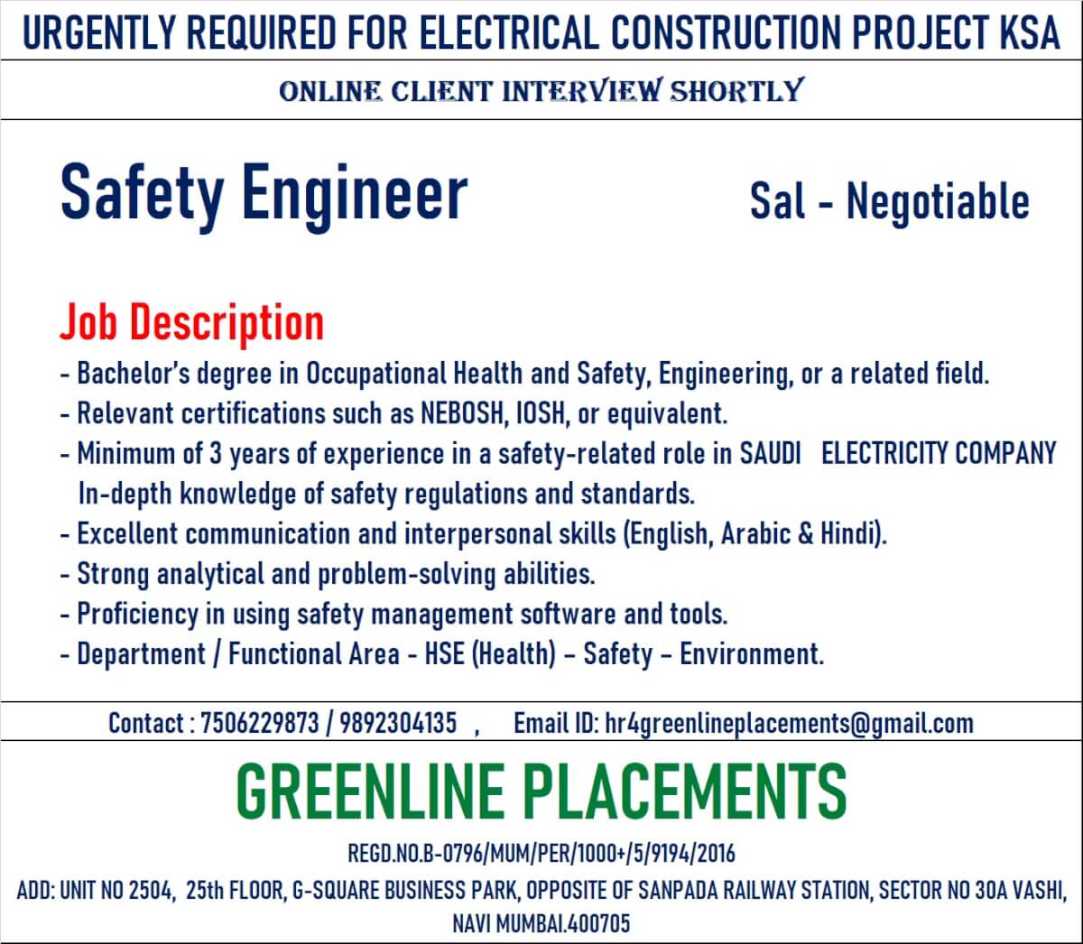 URGENTLY REQUIRED FOR ELECTRICAL CONSTRUCTION PROJECT KSA