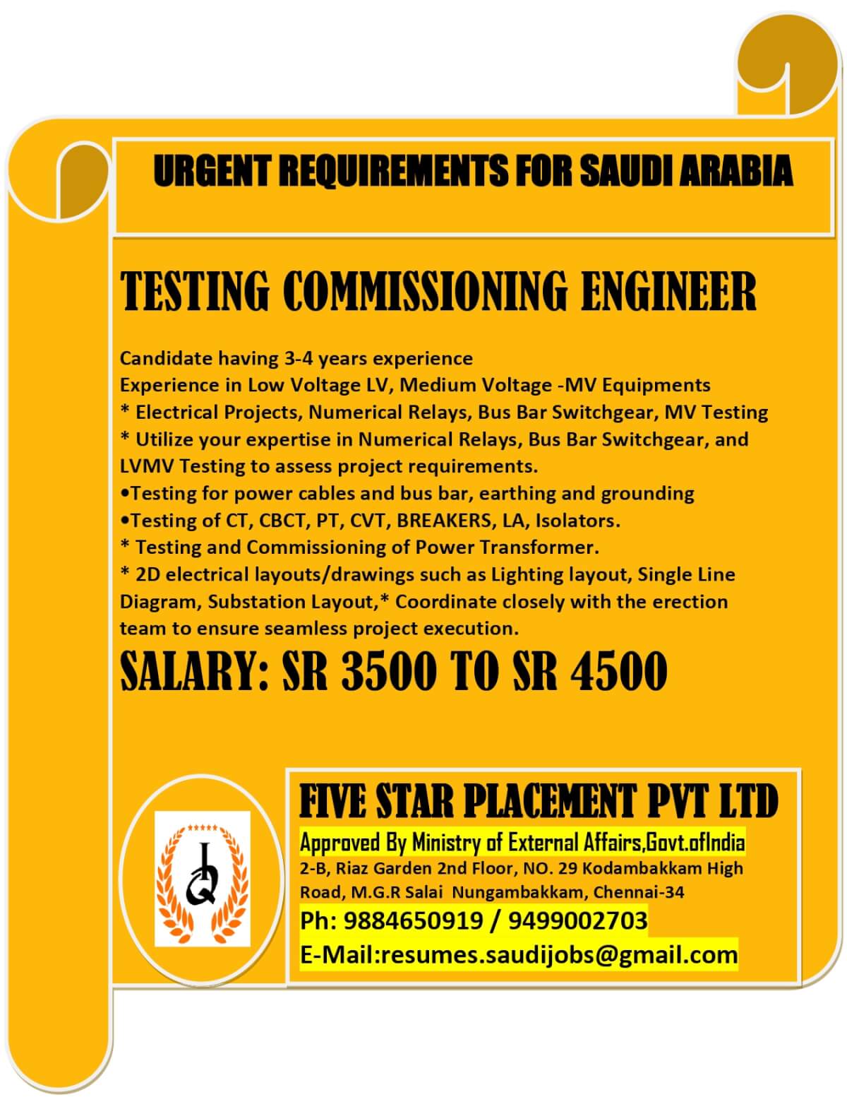 URGENT REQUIREMENTS FOR SAUDI ARABIA