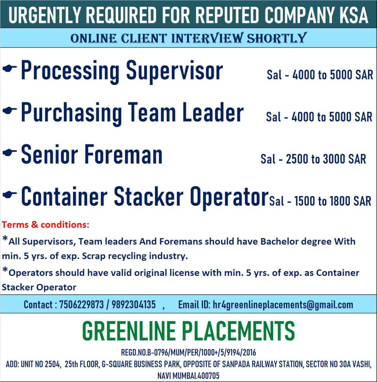 URGENTLY REQUIRED FOR REPUTED COMPANY KSA