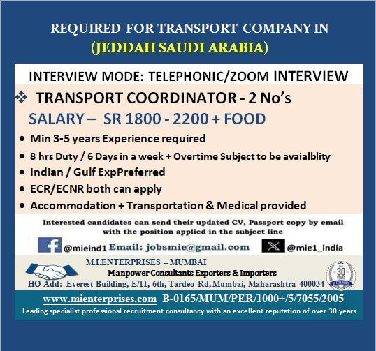 REQUIRED FOR TRANSPORT COMPANY IN (JEDDAH SAUDI ARABIA)