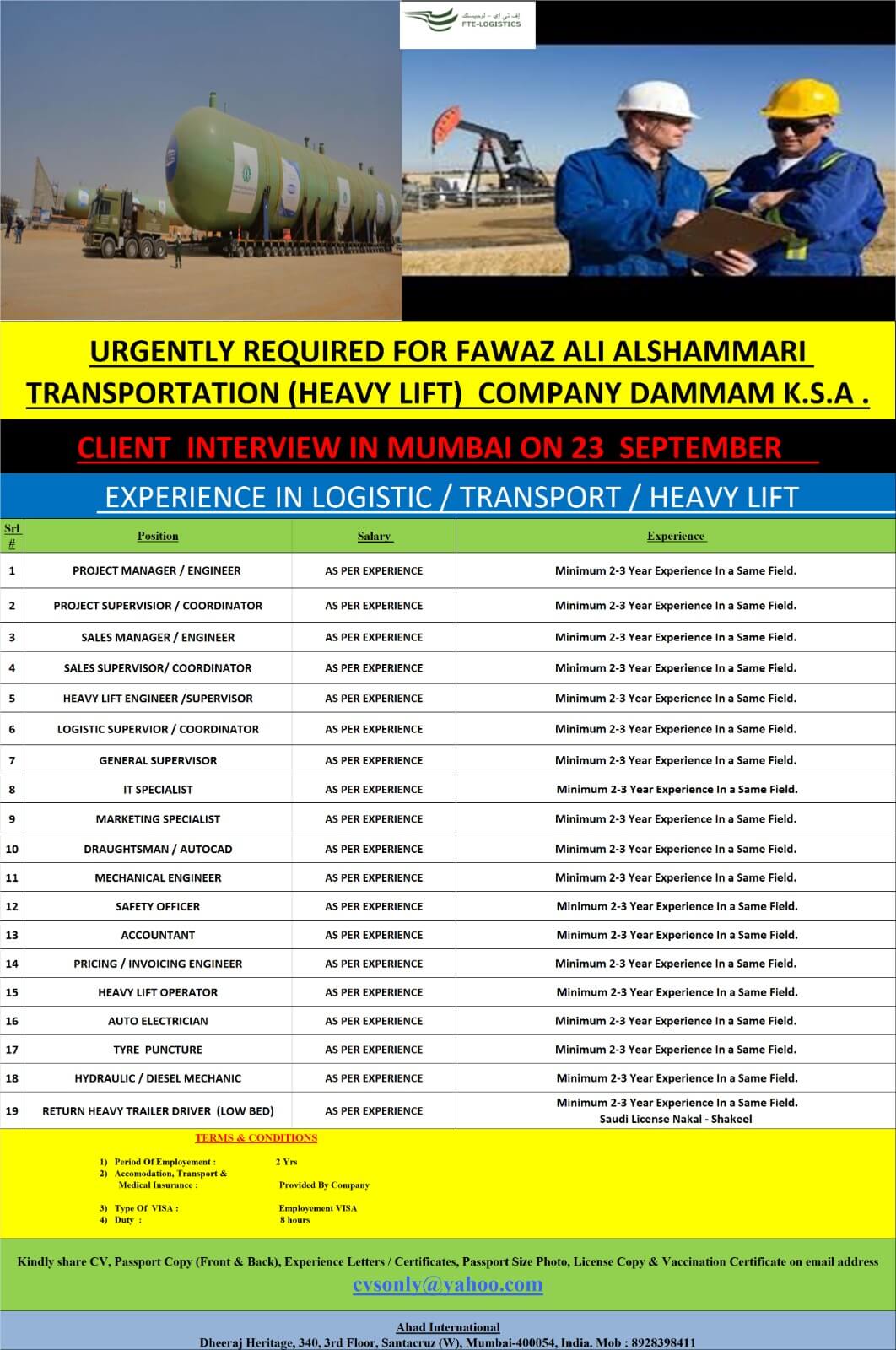 URGENTLY  REQUIRED FOR FAWAZ ALI ALSHAMMARI TRANSPORT COMPANY DAMMAM K.S.A.