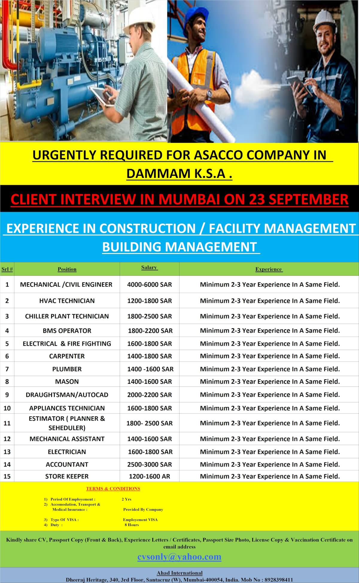 URGENTLY REQUIRED FOR ASSACO COMPANY DAMMAM K.S.A.