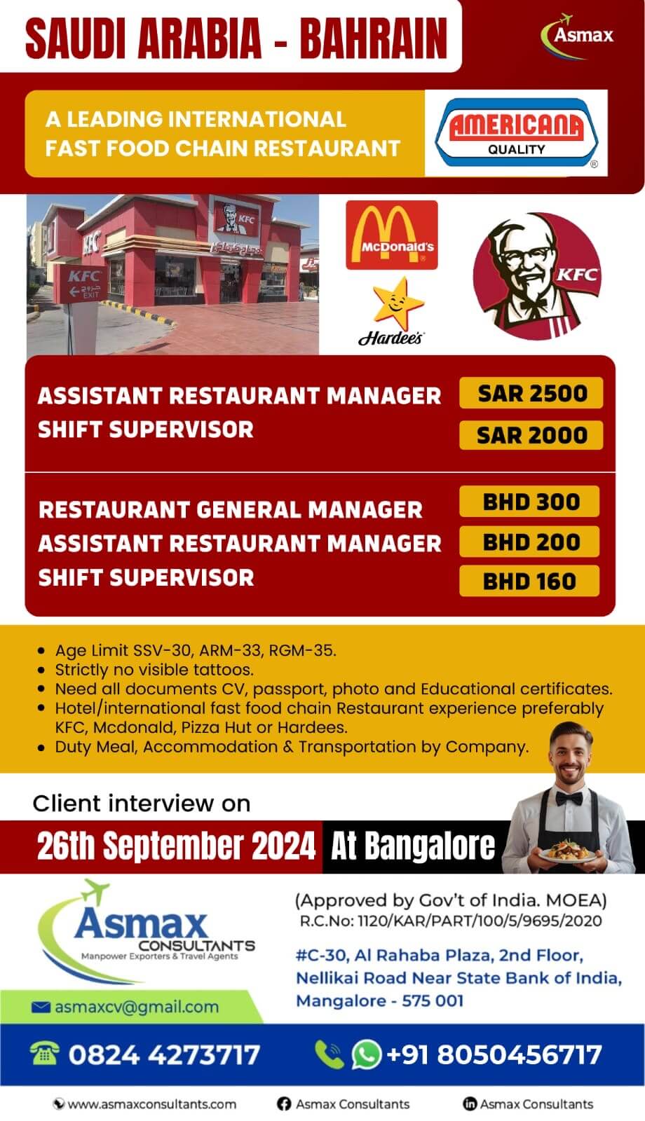 SAUDI ARABIA / BAHRAIN FOR A FAST FOOD CHAIN RESTAURANT AMERICANA GROUP CLIENT INTERVIEW ON 26TH SEP  2024 AT BANGALORE