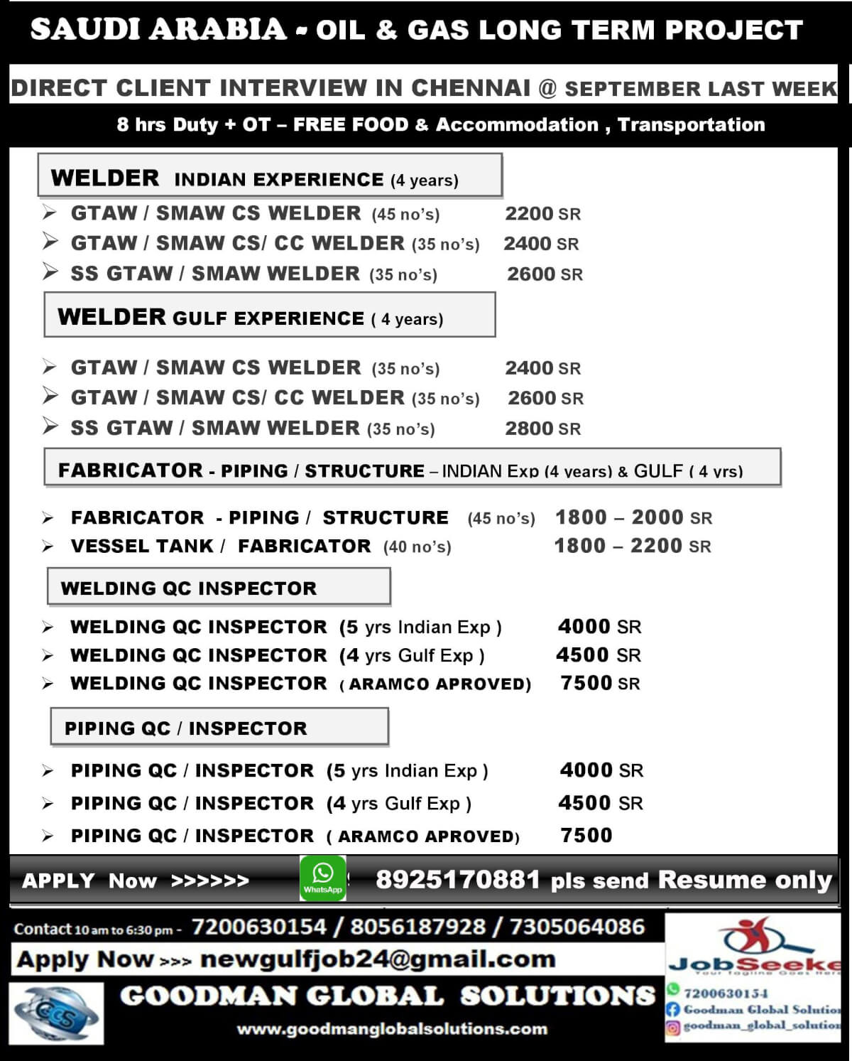 SAUDI OIL & GAS Long Term PROJECT    -    DIRECT CLIENT INTERVIEW IN CHENNAI September Last  Week 2024