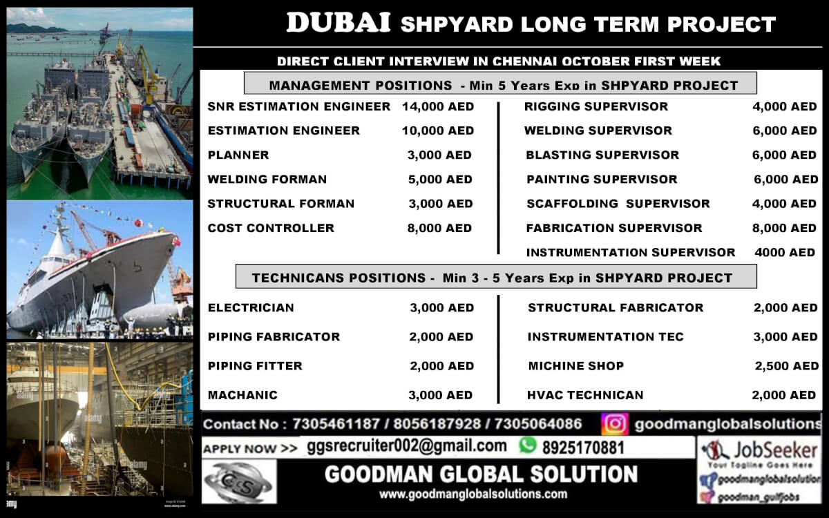 DUBAI SHPYARD LONG TERM PROJECT - DIRECT CLIENT INTERVIEW IN CHENNAI OCTOBER FIRST WEEK  -  All Candidate mist Min 3 - 5 Years Exp in SHPYARD PROJECT