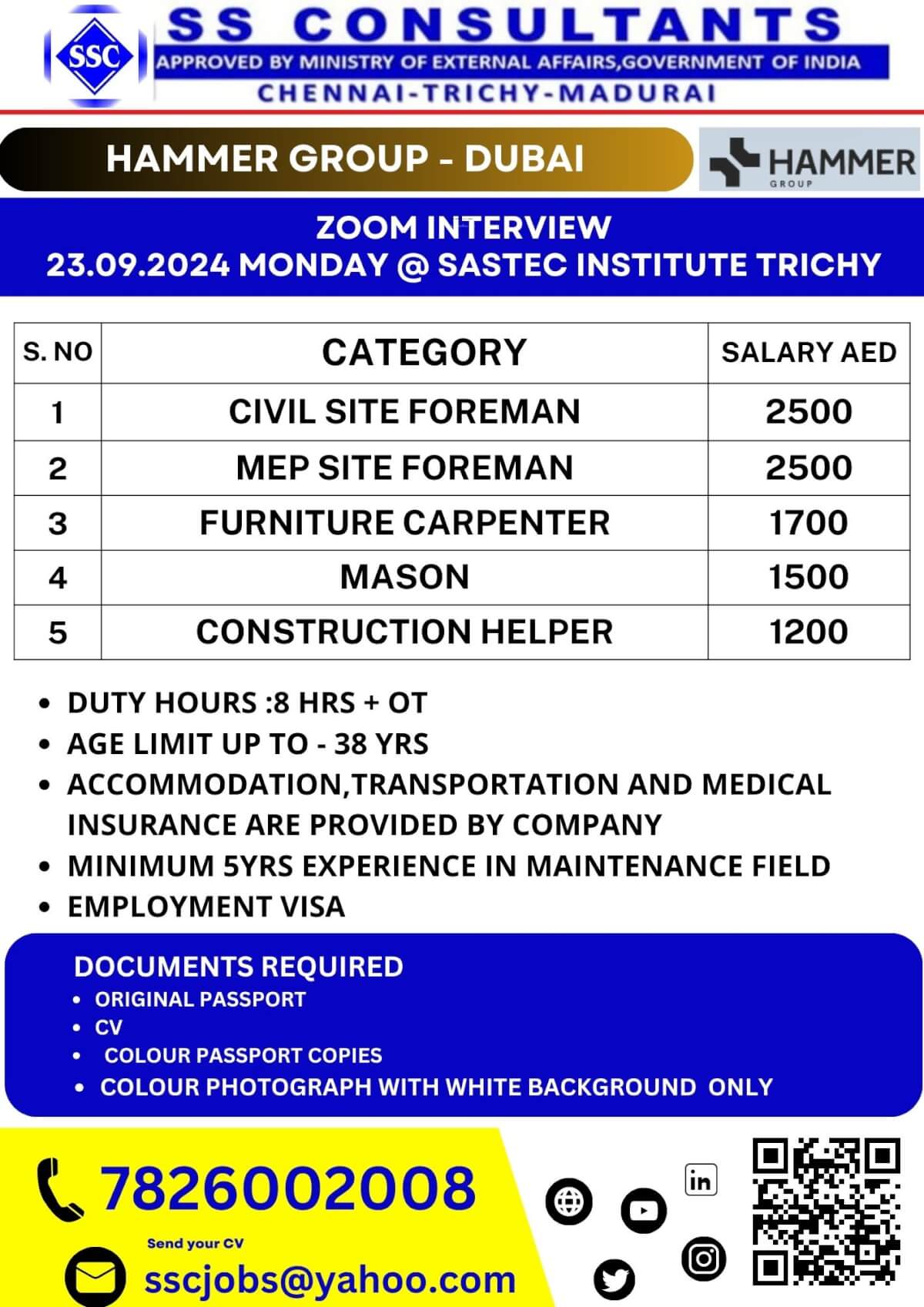 Hammer Group Dubai - Zoom Interviews for Civil, MEP Foreman, Carpenter, Mason & Helper Jobs | SS Consultants, Trichy - Sept 23, 2024"