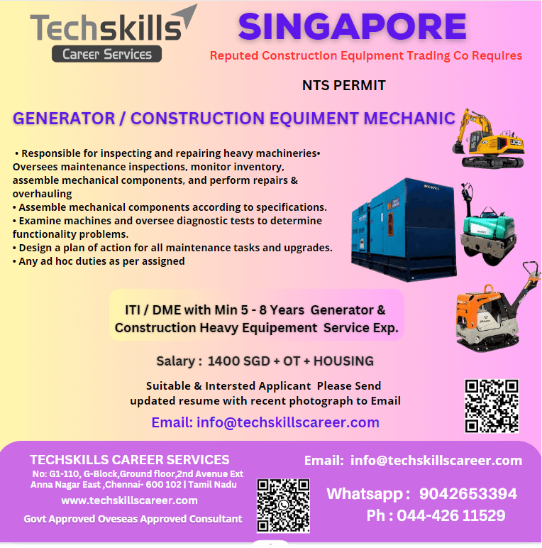 Singapore Required :  GENERATOR MECHANIC / CONSTRUCTION HEAVY EQUIMENT MECHANIC